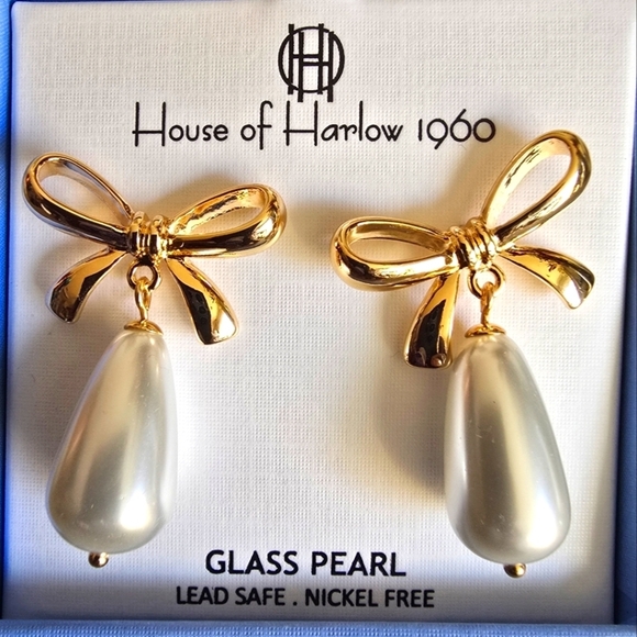 House of Harlow 1960 Jewelry - House of Harlow 1960 Earrings Glass Pearl Drop Bow Gold Dangle